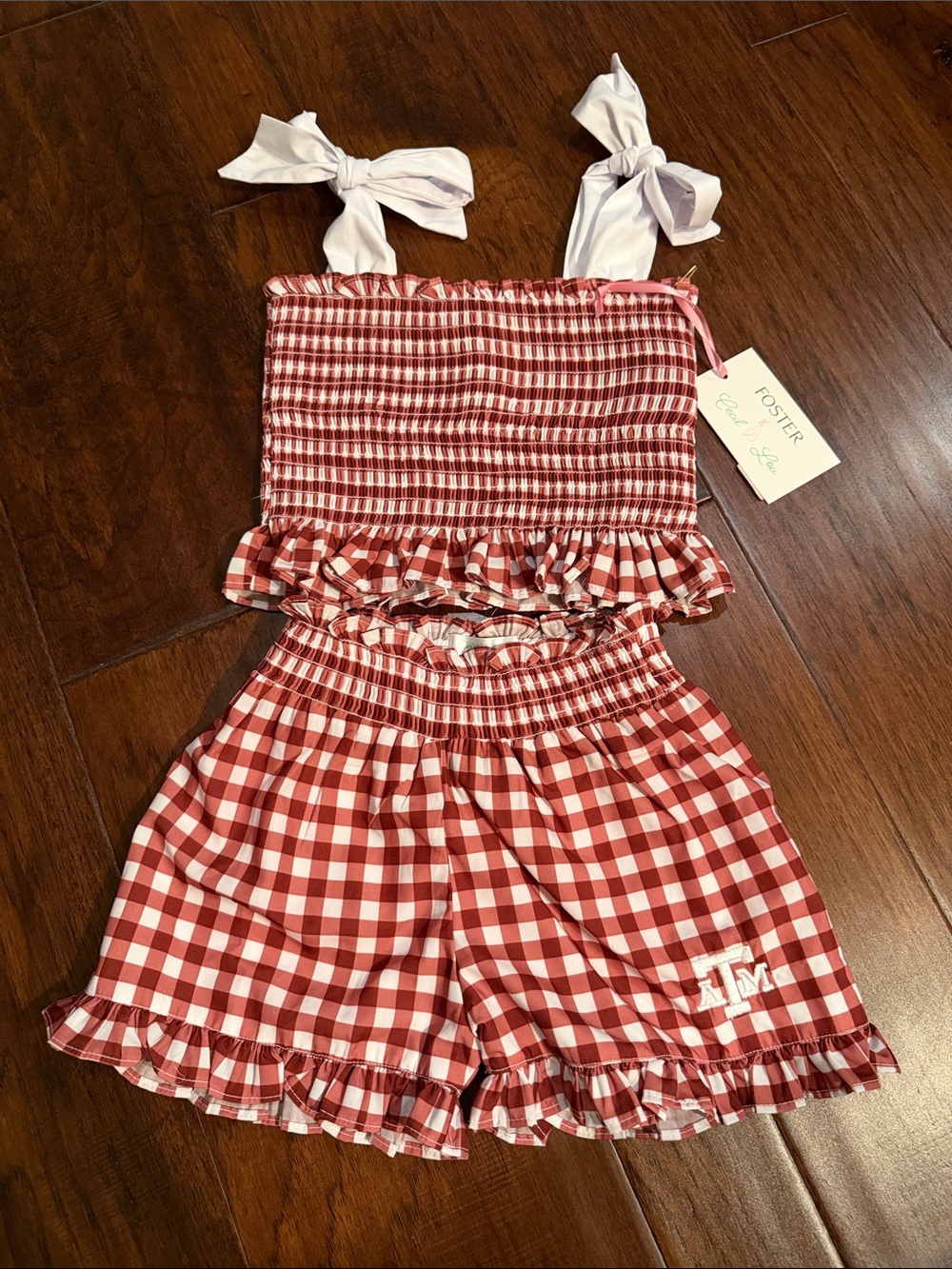 Aggie Maroon Gingham Smocked Tank & Ruffle Shorts Kids Set
